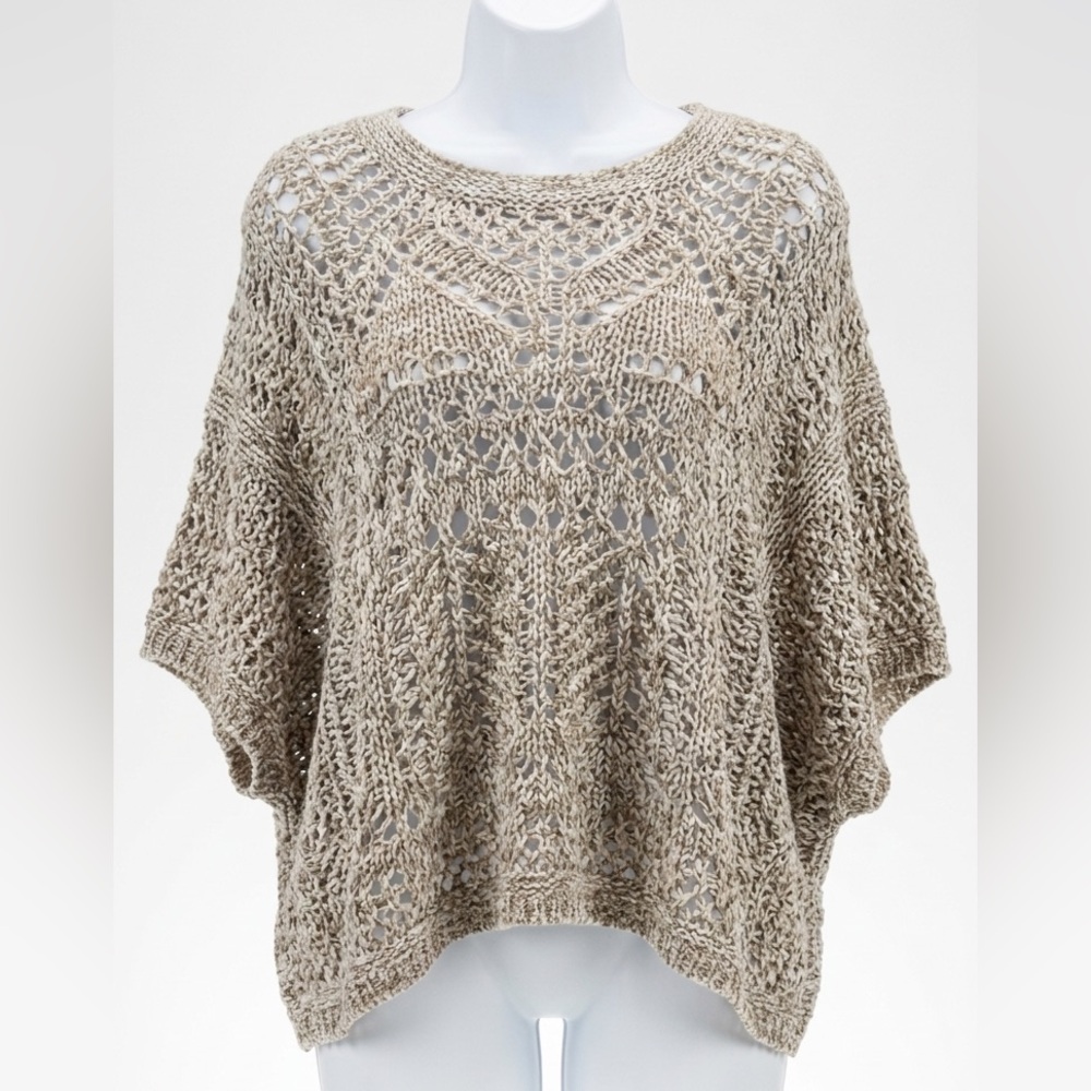 Cyrus Oatmeal Open Knit Poncho Sweater Beige Boho Crochet Style Women’s Medium
